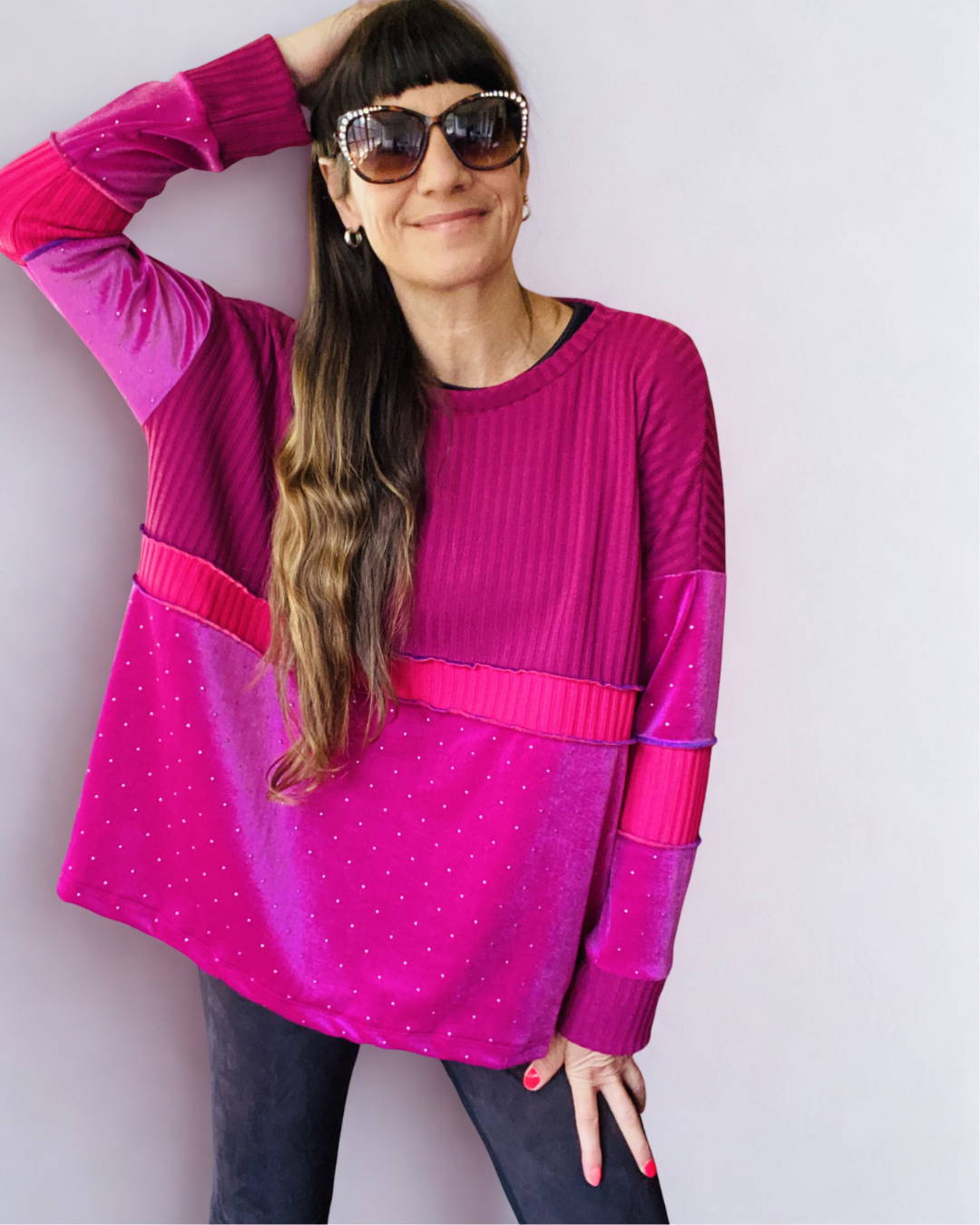 Poleron Multicromo Velvet brillos Fuccia