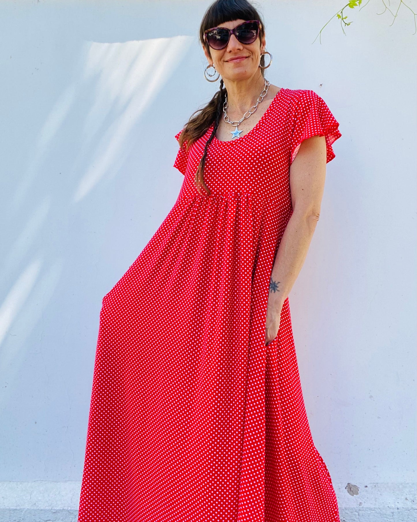 Vestido Mila Long Red Lunares Blancos