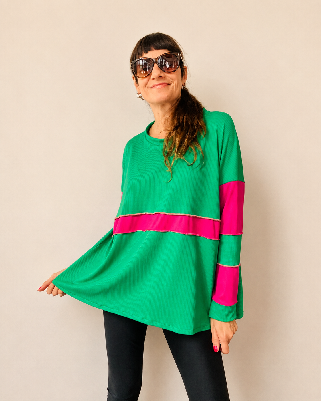 Polera manga larga Multicromo Green Fuccia
