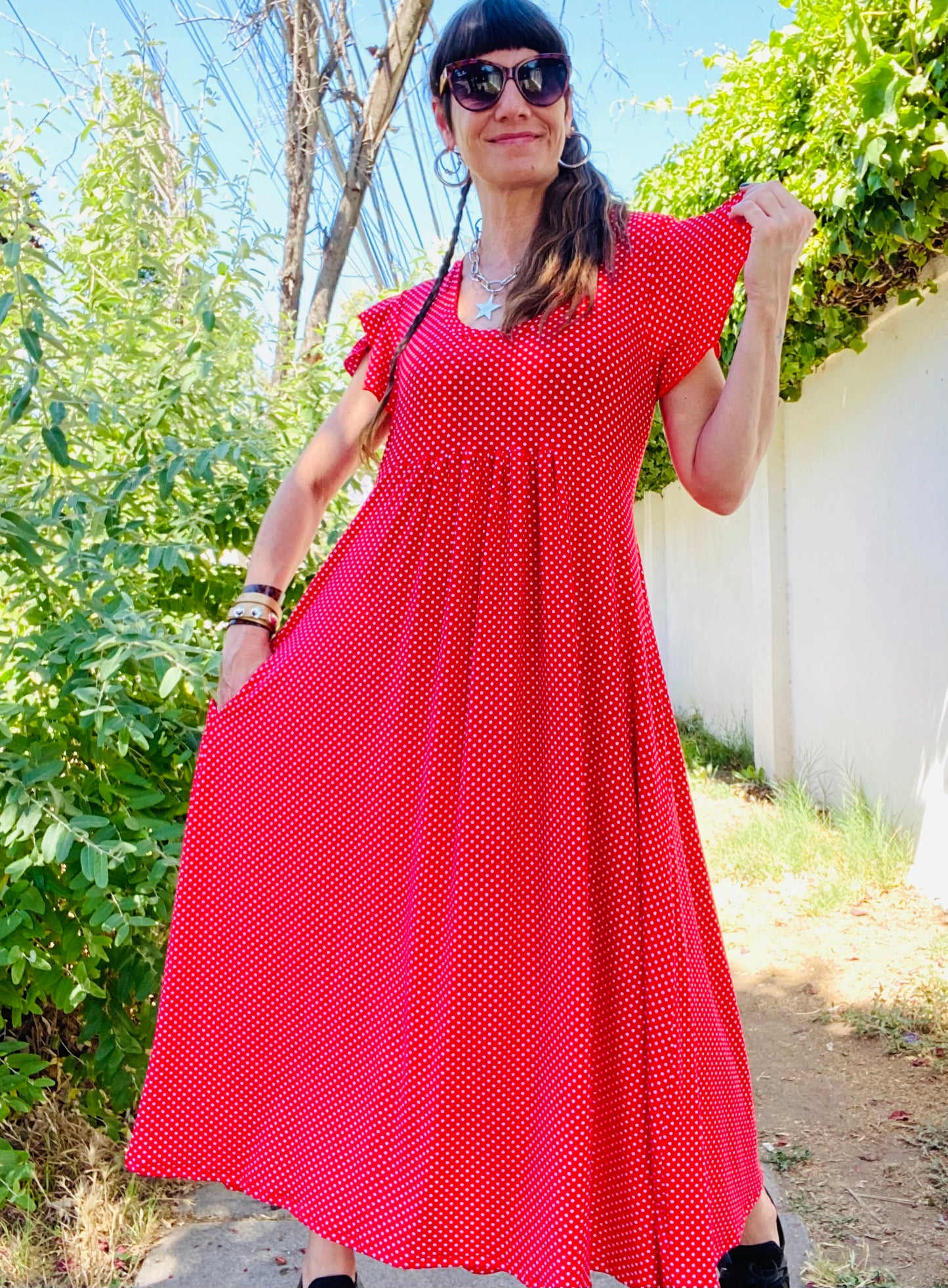 Vestido Mila Long Red Lunares Blancos