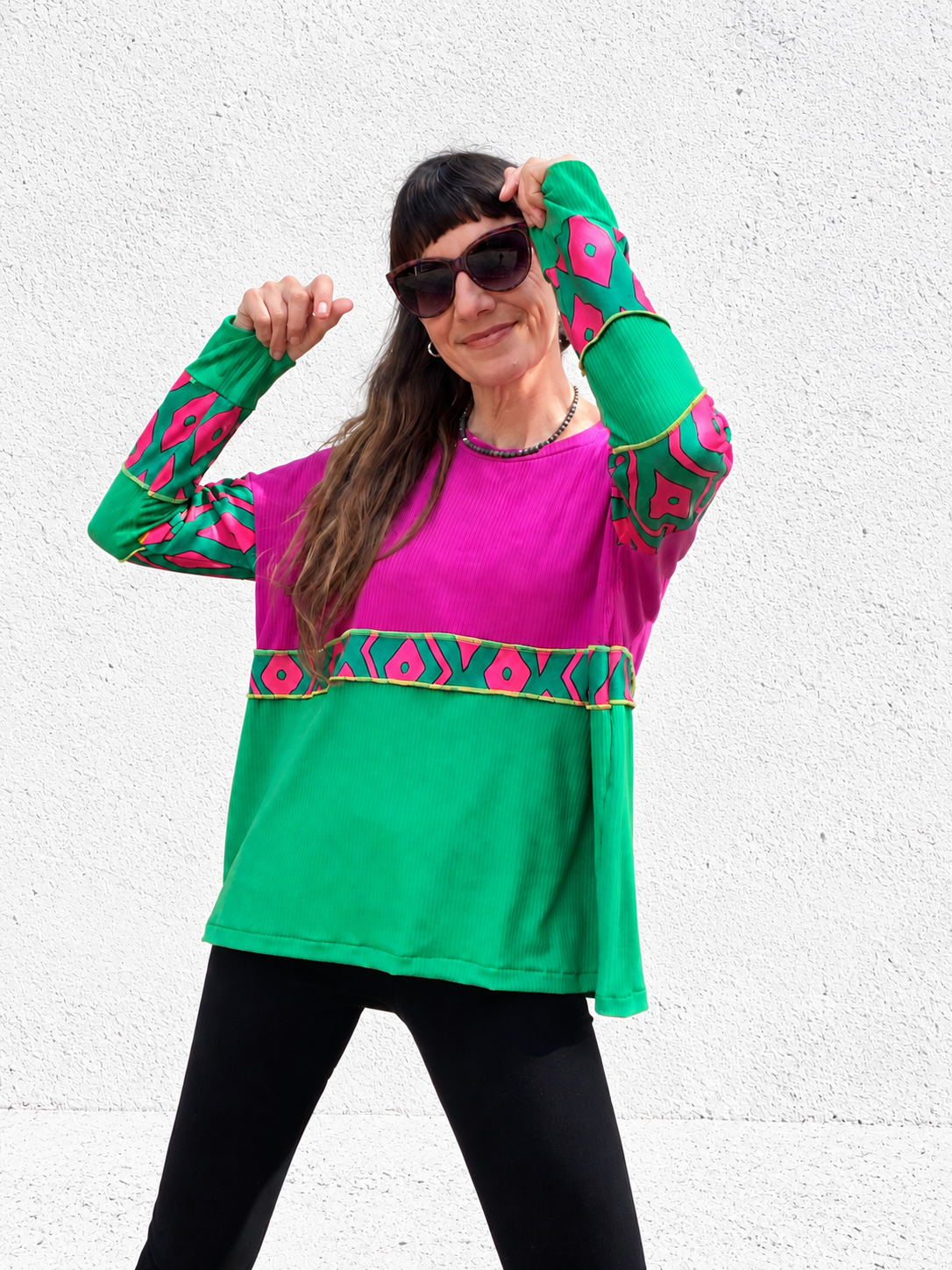Polera Multicromo manga larga magenta green